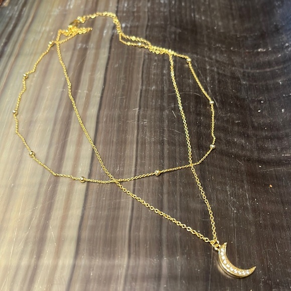Sterling Silver Gold Plated Crescent Moon Double Strand Crystal Necklace - Picture 2 of 11